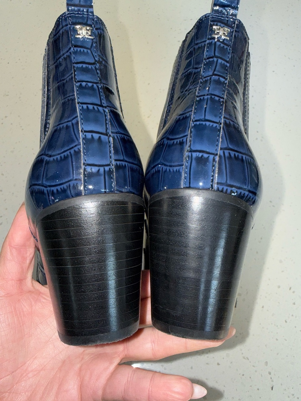 Sam Edelman Navy Croc-Embossed Patent Ankle Booties - Picture 13 of 14